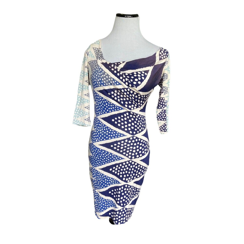 Diane von Furstenberg Womens 100% Silk Sheath Dress Size 2 Blue Quiet Luxury Art